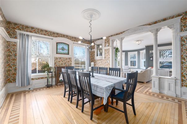 Dining room, Interior, Pendant Lights, Wood Texture Flooring
