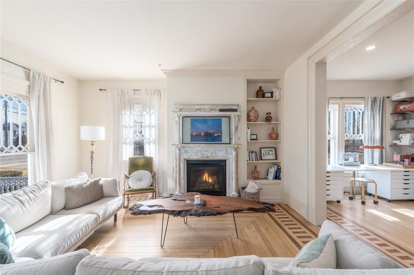 Fireplace, Home Office, Interior, Living room, Recessed Lighting, Wood Texture Flooring
