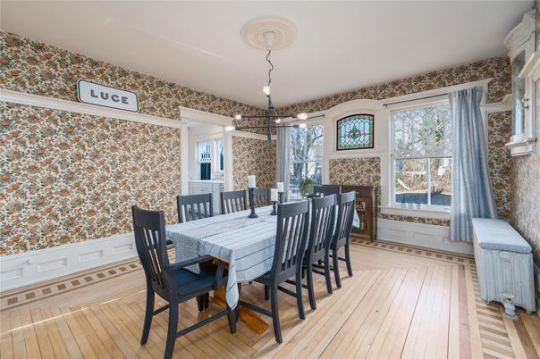 Dining room, Interior, Pendant Lights, Wood Texture Flooring