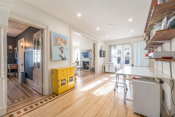 Fireplace, Interior, Recessed Lighting, Wood Texture Flooring