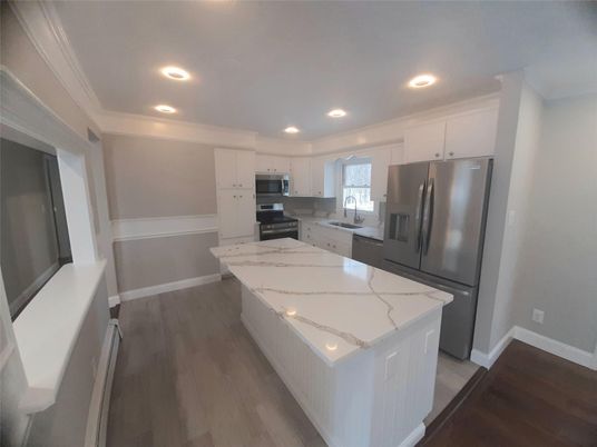 Interior, Kitchen, Recessed Lighting, Stainless Steel Appliances, Wood Texture Flooring