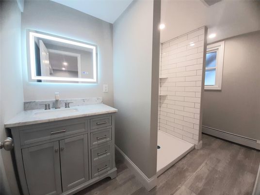 Bathroom, Interior, Recessed Lighting, Wood Texture Flooring