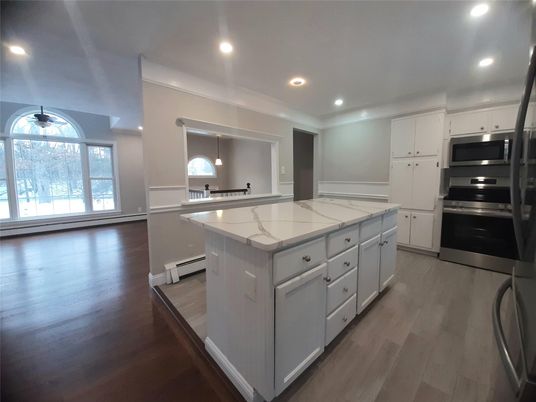 Interior, Kitchen, Pendant Lights, Recessed Lighting, Stainless Steel Appliances, Wood Texture Flooring