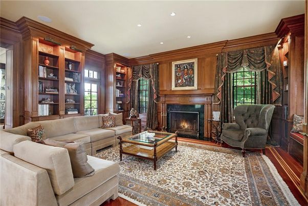 Fireplace, Interior, Living room, Recessed Lighting, Wood Texture Flooring, Wooden Walls