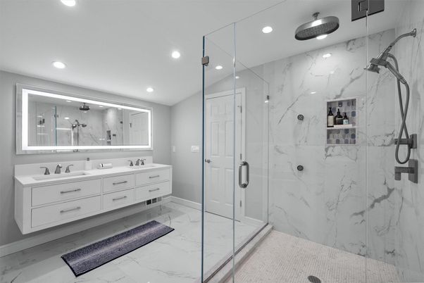 Bathroom, Dual Sink Vanities, Glass Shower, Interior, Marble, Marble Walls, Recessed Lighting