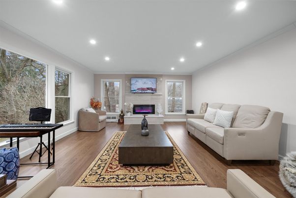 Fireplace, Interior, Living room, Recessed Lighting, Wood Texture Flooring