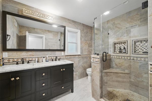 Bathroom, Dual Sink Vanities, Glass Shower, Interior, Marble, Recessed Lighting