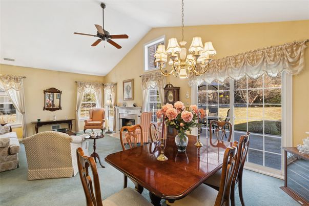 Chandelier, Dining room, Fireplace, Interior, Living room