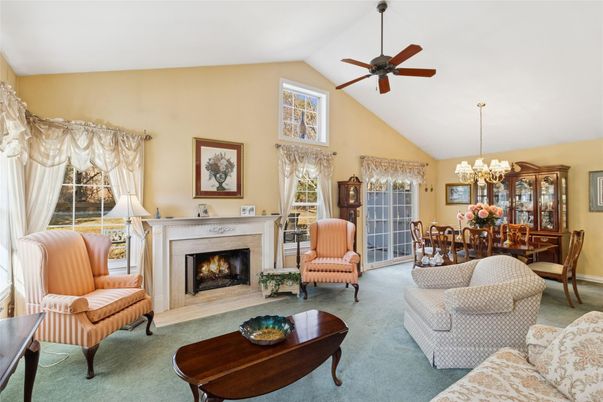 Chandelier, Dining room, Fireplace, Interior, Living room