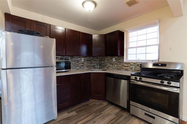 Interior, Kitchen, Stainless Steel Appliances, Wood Texture Flooring