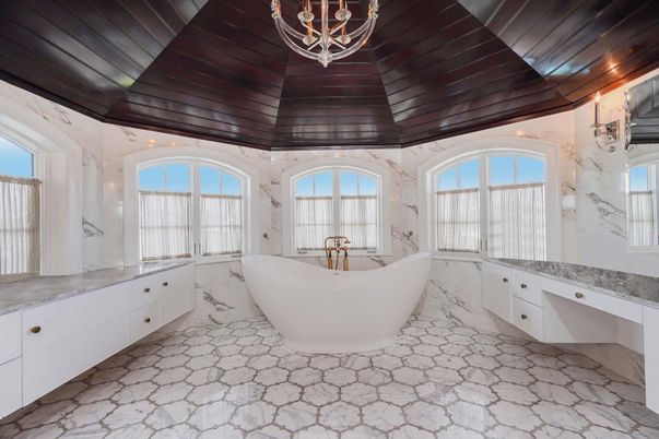 Bathroom, Free Standing Baths, Interior, Marble, Marble Walls, Wooden Ceilings