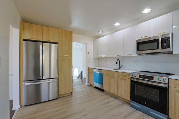 Interior, Kitchen, Recessed Lighting, Stainless Steel Appliances, Wood Texture Flooring