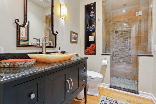 Bathroom, Glass Shower, Interior, Recessed Lighting, Wood Texture Flooring