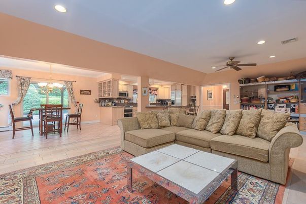 Chandelier, Dining room, Interior, Kitchen, Living room, Recessed Lighting, Stainless Steel Appliances, Wood Texture Flooring