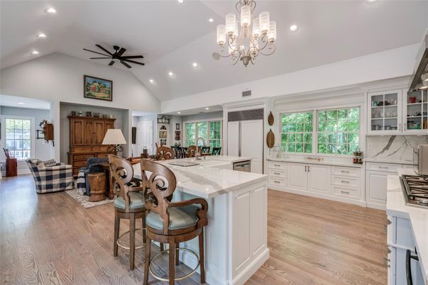 Chandelier, Dining room, Interior, Kitchen, Living room, Recessed Lighting, Wood Texture Flooring