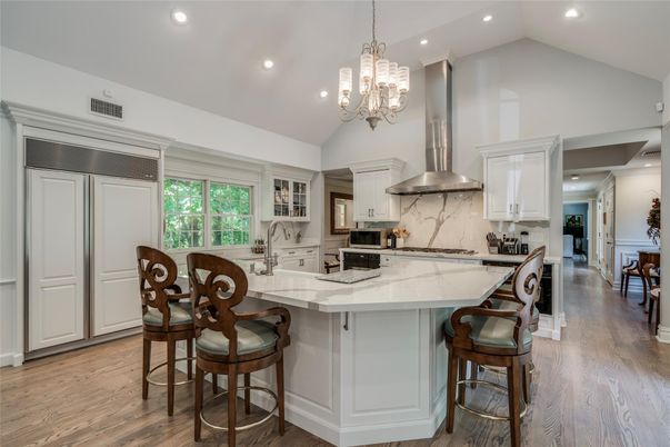 Chandelier, Interior, Kitchen, Recessed Lighting, Stainless Steel Appliances, Wood Texture Flooring
