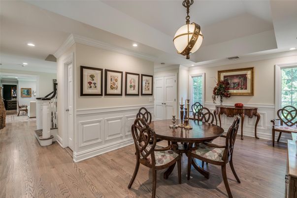 Dining room, Interior, Pendant Lights, Recessed Lighting, Wood Texture Flooring