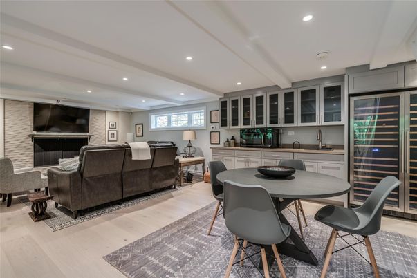 Dining room, Interior, Living room, Recessed Lighting, Wood Texture Flooring