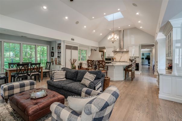 Chandelier, Dining room, Interior, Kitchen, Living room, Recessed Lighting, Stainless Steel Appliances, Wood Texture Flooring