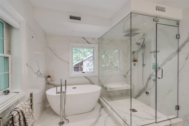 Bathroom, Free Standing Baths, Glass Shower, Interior, Marble, Marble Walls
