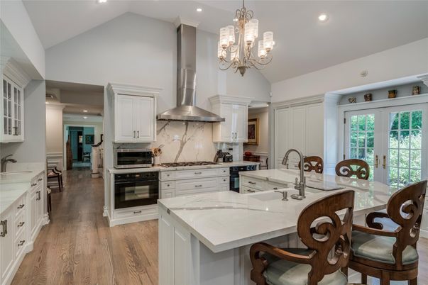 Chandelier, Interior, Kitchen, Recessed Lighting, Stainless Steel Appliances, Wood Texture Flooring