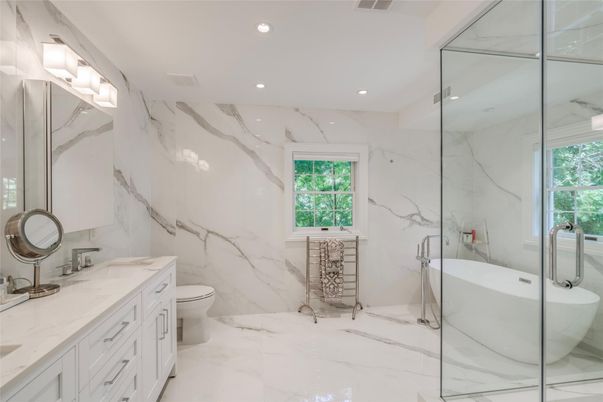Bathroom, Dual Sink Vanities, Free Standing Baths, Glass Shower, Interior, Marble, Marble Walls, Recessed Lighting
