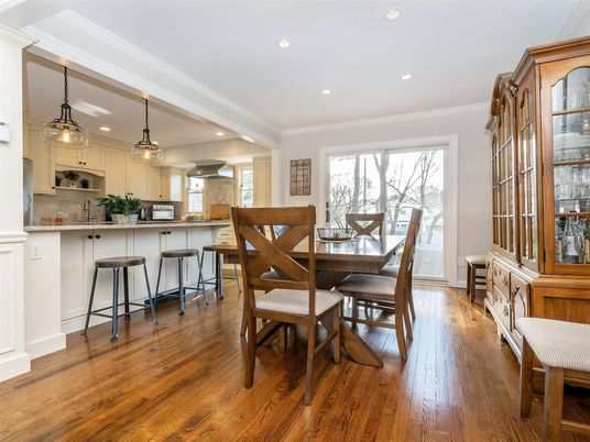 Dining room, Interior, Kitchen, Pendant Lights, Recessed Lighting, Wood Texture Flooring