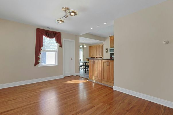 Chandelier, Empty room, Interior, Kitchen, Recessed Lighting, Wood Texture Flooring