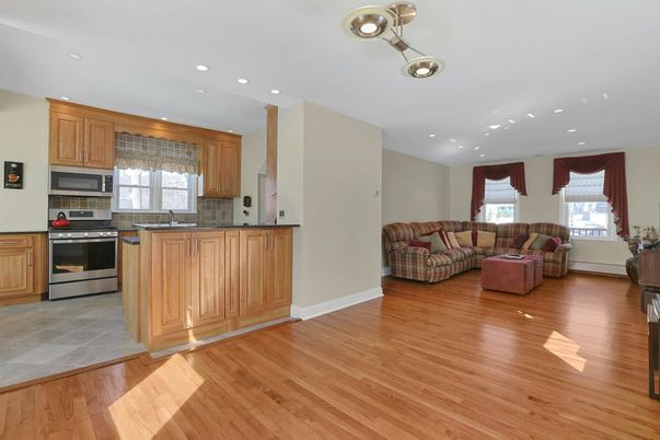 Interior, Kitchen, Living room, Recessed Lighting, Stainless Steel Appliances, Wood Texture Flooring