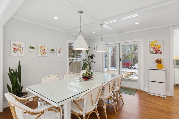 Dining room, Interior, Pendant Lights, Recessed Lighting, Wood Texture Flooring