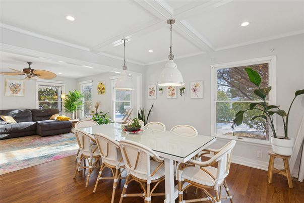 Dining room, Interior, Living room, Pendant Lights, Recessed Lighting, Wood Texture Flooring