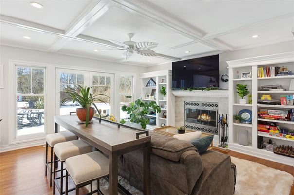 Fireplace, Interior, Living room, Recessed Lighting, Wood Texture Flooring
