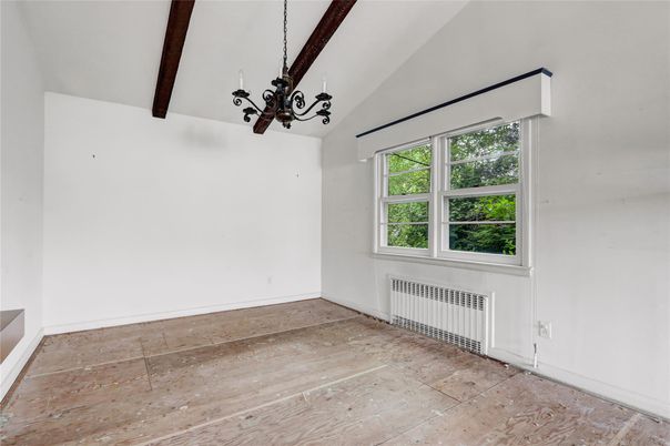 Chandelier, Empty room, Interior, Wooden Beams