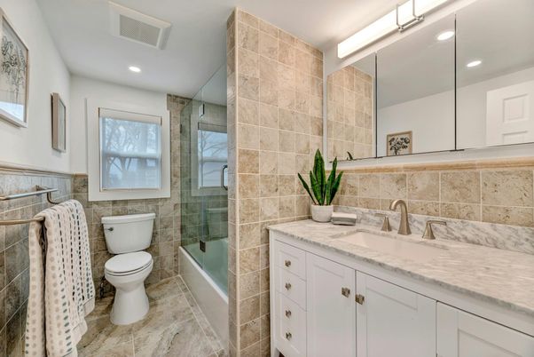 Bathroom, Glass Shower, Interior, Recessed Lighting, Stone Walls
