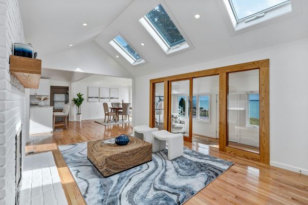 Dining room, Fireplace, Glass Ceilings, Interior, Recessed Lighting, Wood Texture Flooring
