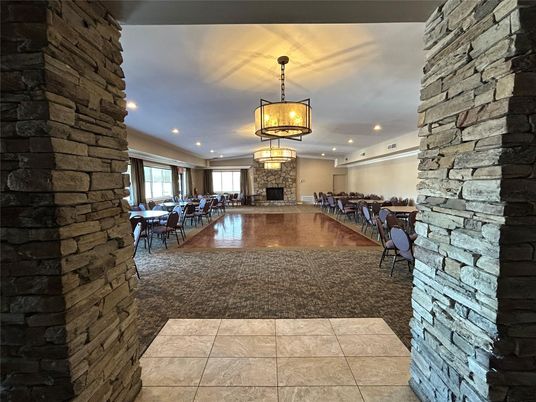 Dining room, Fireplace, Interior, Pendant Lights, Recessed Lighting, Stone Walls
