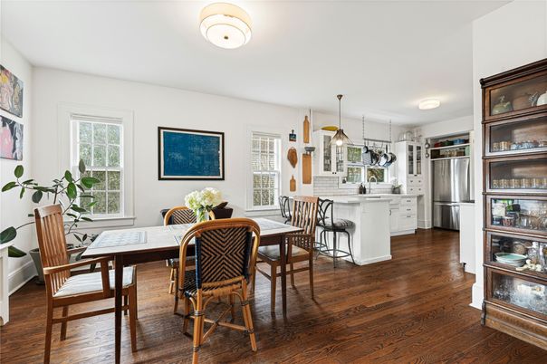 Dining room, Interior, Kitchen, Pendant Lights, Stainless Steel Appliances, Wood Texture Flooring