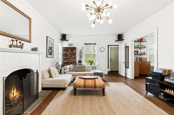 Fireplace, Interior, Living room, Pendant Lights, Wood Texture Flooring