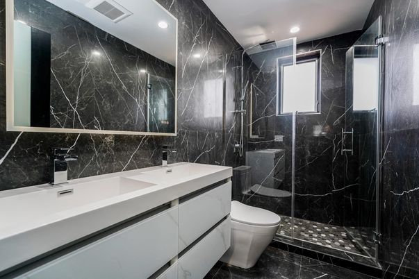 Bathroom, Glass Shower, Interior, Marble, Marble Walls, Recessed Lighting