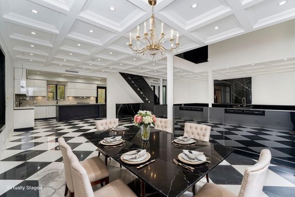 Chandelier, Dining room, Interior, Kitchen, Recessed Lighting, Stainless Steel Appliances