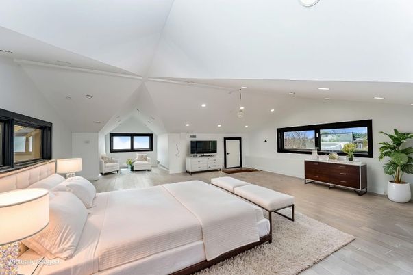 Bedroom, Interior, Pendant Lights, Recessed Lighting, Wood Texture Flooring