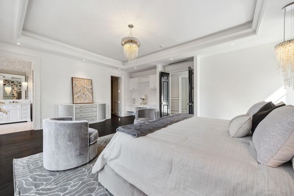 Bedroom, Chandelier, Interior, Recessed Lighting, Wood Texture Flooring
