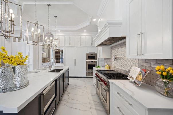 Interior, Kitchen, Marble, Pendant Lights, Recessed Lighting, Stainless Steel Appliances