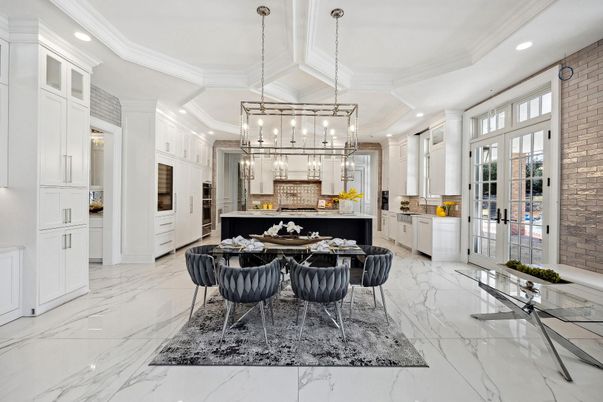 Dining room, Interior, Kitchen, Marble, Pendant Lights, Recessed Lighting, Stone Walls