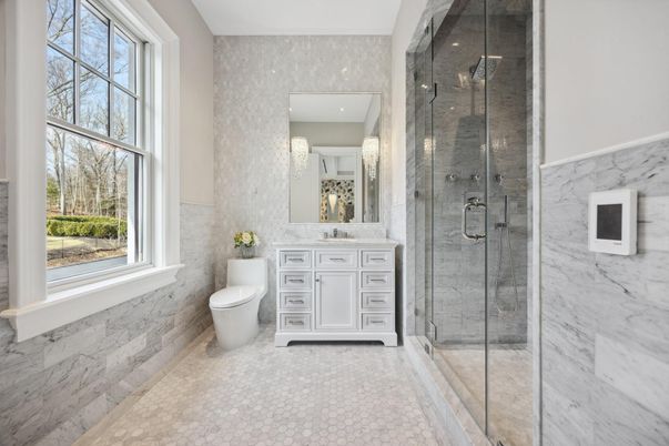 Bathroom, Glass Shower, Interior, Marble Walls, Recessed Lighting