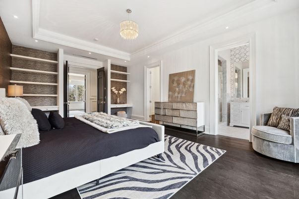 Bedroom, Chandelier, Interior, Recessed Lighting, Wood Texture Flooring