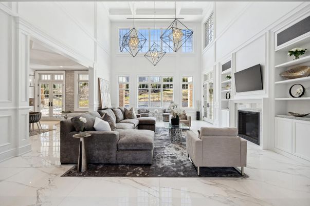 Fireplace, Interior, Living room, Marble, Pendant Lights