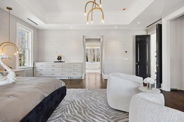 Bedroom, Interior, Pendant Lights, Recessed Lighting, Wood Texture Flooring