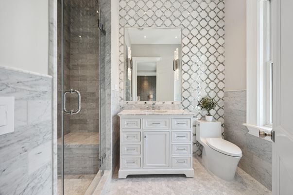 Bathroom, Glass Shower, Interior, Marble Walls, Recessed Lighting
