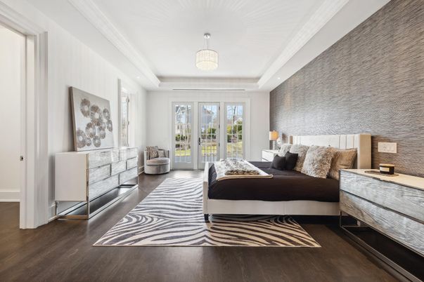 Bedroom, Chandelier, Interior, Recessed Lighting, Wood Texture Flooring